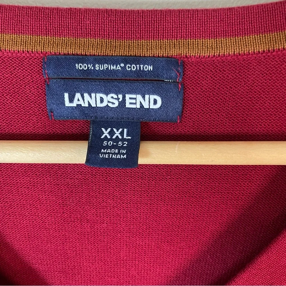 LANDS END Mens XXL Red Pima Cotton V Neck Sweater Staple Holiday Business Casual